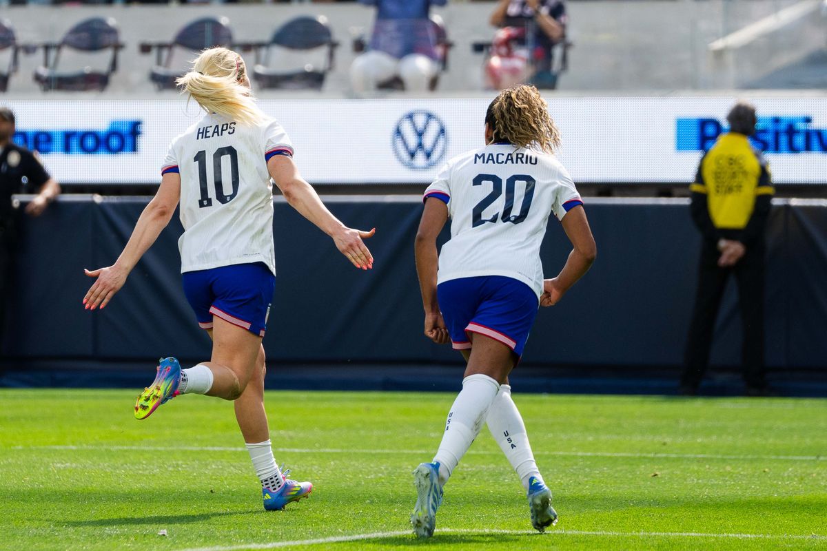 US Women’s National Team midfielder Lindsey Heaps (10) celebrates after scoring a goal at a friendly match against Brazil on April 5th, 2025 in Inglewood California