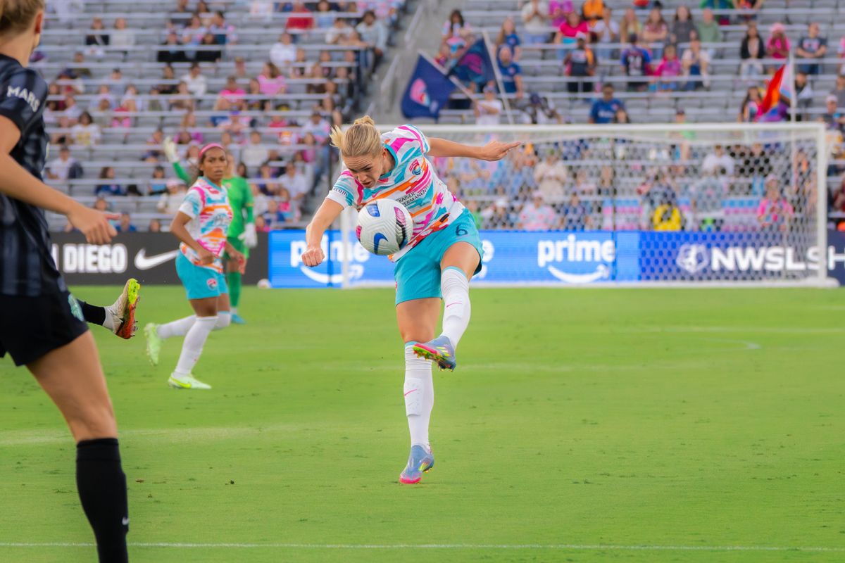 San Diego Wave Defender #6 Hanna Lundkvist attempting a goal during a match against the Washington Spirit on June 22, 2025 in San Diego, CA.