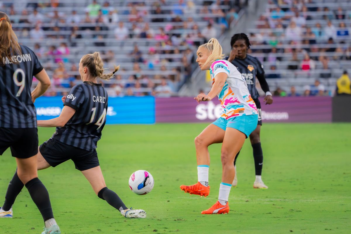 San Diego Wave Forward #9 Adriana Leon taking a shot at the goal during a match against the Washington Spirit on June 22, 2025 in San Diego, CA.