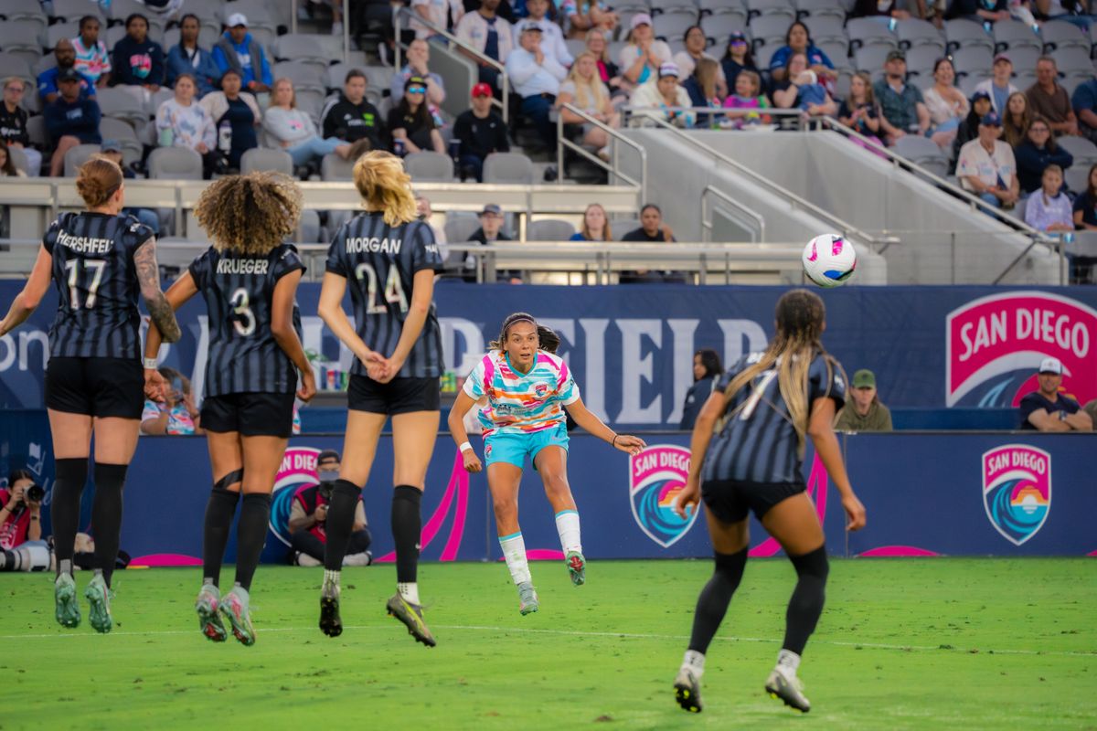 San Diego Wave Forward Maria Sanchez #7 taking a penalty kick during a match against the Washington Spirit on June 22, 2025 in San Diego, CA.