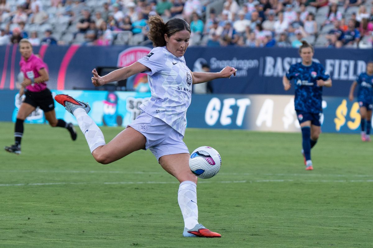 Racing Louisville FC forward Emma Sears (13) scores a goal during an NWSL soccer game against the San Diego Wave FC, Sunday August 24, 2025 in San Diego, California.