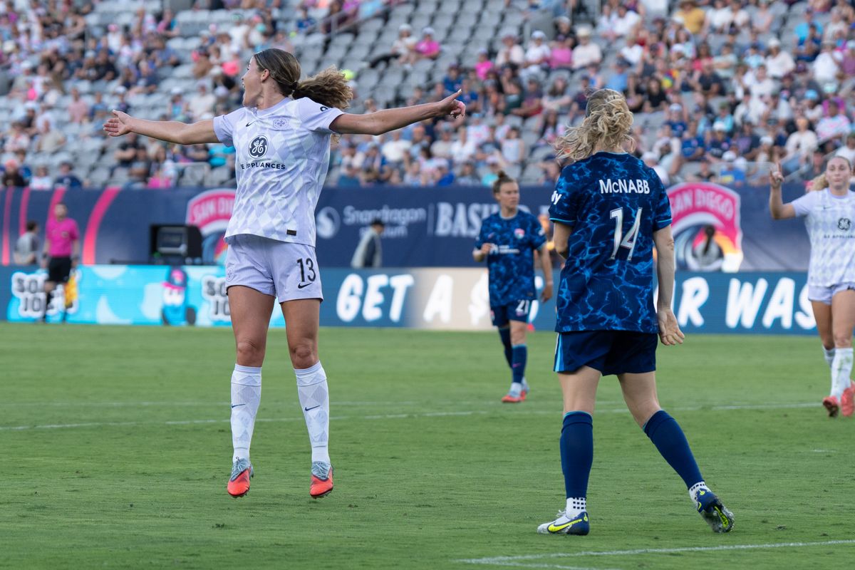 Racing Louisville FC forward Emma Sears (13) celebrates after scoring her team’s first goal during an NWSL soccer game against the San Diego Wave FC, Sunday August 24, 2025 in San Diego, California.