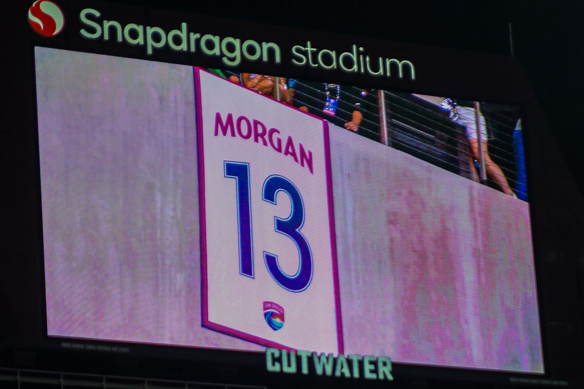 San Diego Wave Alex Morgan Jersey banner is revealed during the number retirement ceremony following a WSL soccer match Sunday September 7, 2025 in San Diego, California.