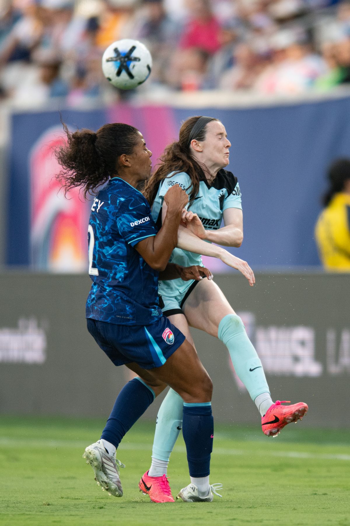 San Diego Wave defender Kennedy Wesley (2) and Gotham FC midfielder Rose Lavelle (16) collide during an NWSL match between Gotham FC and San Diego Wave on Saturday, July 4, 2026 at Snapdragon Stadium in San Diego California San Diego Wave defender Kennedy Wesley (2) and Gotham FC midfielder Rose Lavelle (16) collide during an NWSL match between Gotham FC and San Diego Wave on Saturday, July 4, 2026 at Snapdragon Stadium in San Diego California