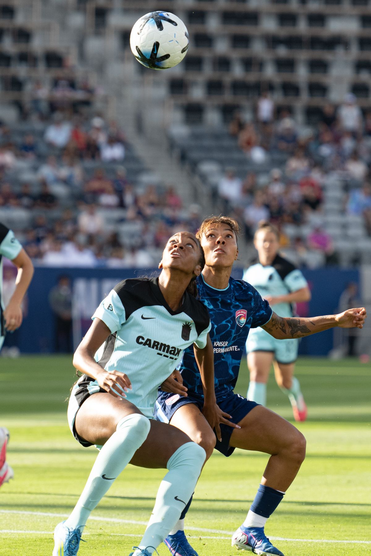 Gotham FC forward Jordyn Dudley (2) battle for possession against San Diego Wave midfielder Gia Corley (11) during an NWSL match between Gotham FC and San Diego Wave on Saturday, July 4, 2026 at Snapdragon Stadium in San Diego California Gotham FC forward Jordyn Dudley (2) battle for possession against San Diego Wave midfielder Gia Corley (11) during an NWSL match between Gotham FC and San Diego Wave on Saturday, July 4, 2026 at Snapdragon Stadium in San Diego California
