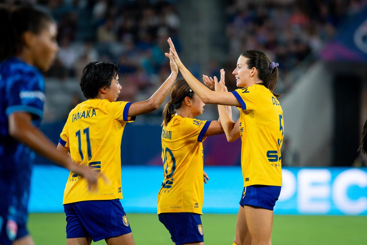 Utah Royals FC midfielder Mina Tanaka (11) celebrates her goal with forward Cecelia Kizer (5) during an NWSL soccer game, Friday, August 21, 2026 in San Diego, California.