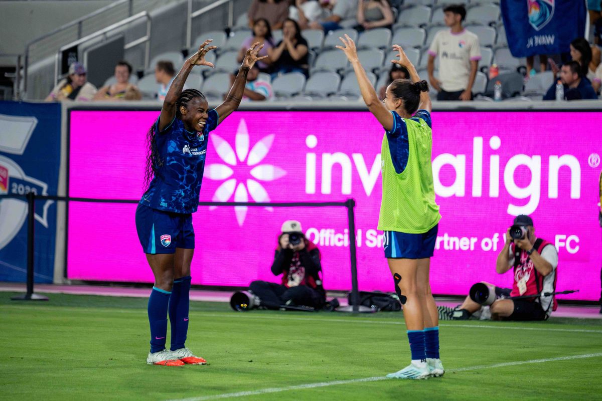San Diego Wave FC forward Ludmila (left) celebrates her goal with her teammate during an NWSL soccer game against Utah Royals FC, Friday, August 21, 2026 in San Diego, California