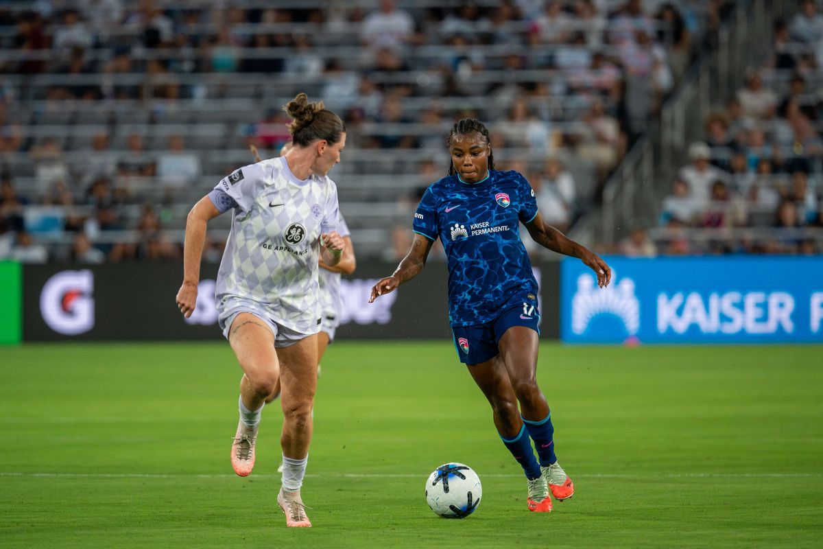 San Diego Wave FC forward Ludmila dribbles to goal before being tackled during an NWSL soccer game against Racing Louisville FC, Friday, August 28, 2026 in San Diego, California. San Diego Wave FC forward Ludmila dribbles to goal before being tackled during an NWSL soccer game against Racing Louisville FC, Friday, August 28, 2026 in San Diego, California.