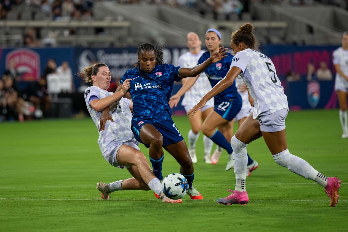 San Diego Wave FC forward Ludmila dribbles to goal before being tackled during an NWSL soccer game against Racing Louisville FC, Friday, August 28, 2026 in San Diego, California. San Diego Wave FC forward Ludmila dribbles to goal before being tackled during an NWSL soccer game against Racing Louisville FC, Friday, August 28, 2026 in San Diego, California.