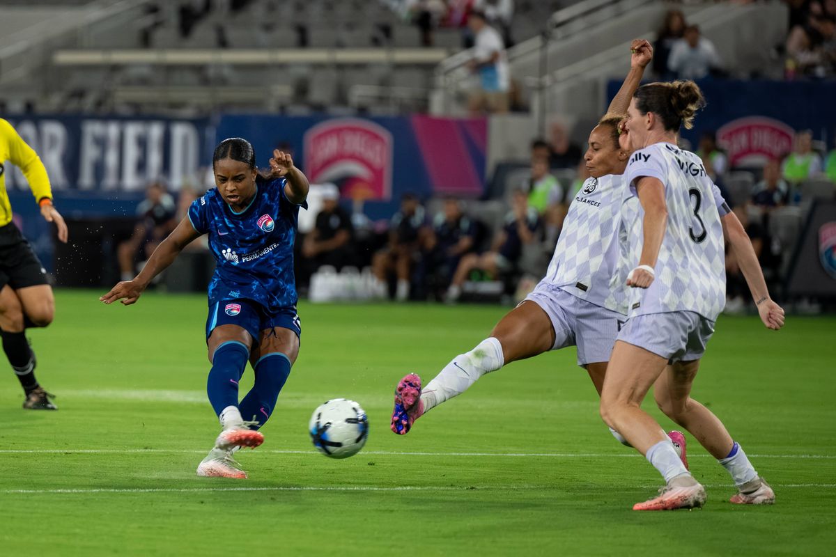 San Diego Wave FC forward Trinity Bears shoots and scores during an NWSL soccer game against Racing Louisville FC, Friday, August 28, 2026 in San Diego, California. San Diego Wave FC forward Trinity Bears shoots and scores during an NWSL soccer game against Racing Louisville FC, Friday, August 28, 2026 in San Diego, California.