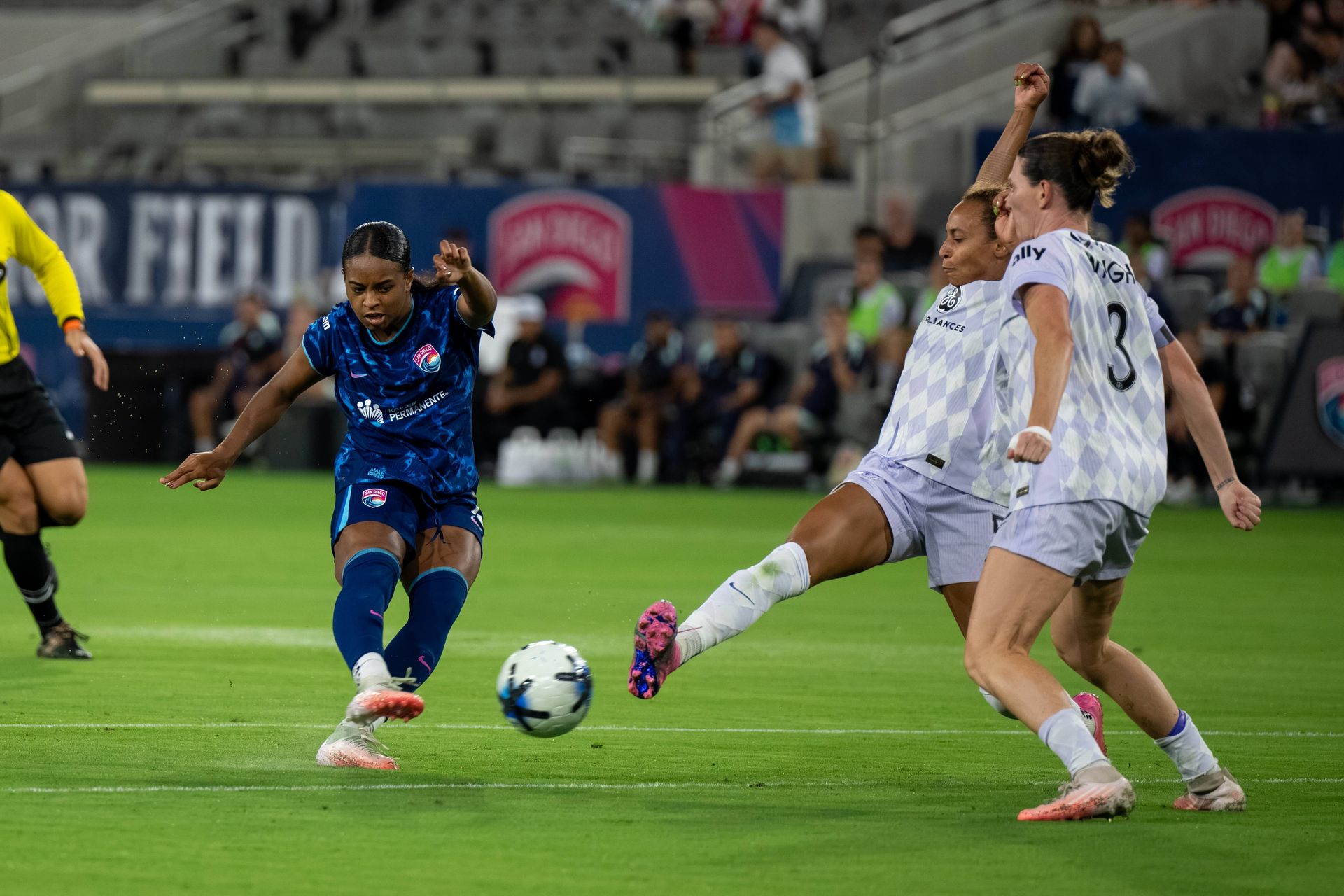 San Diego Wave FC forward Trinity Byars shoots and scores during an NWSL soccer game against Racing Louisville FC, Friday, August 28, 2026 in San Diego, California. San Diego Wave FC forward Trinity Byars shoots and scores during an NWSL soccer game against Racing Louisville FC, Friday, August 28, 2026 in San Diego, California.