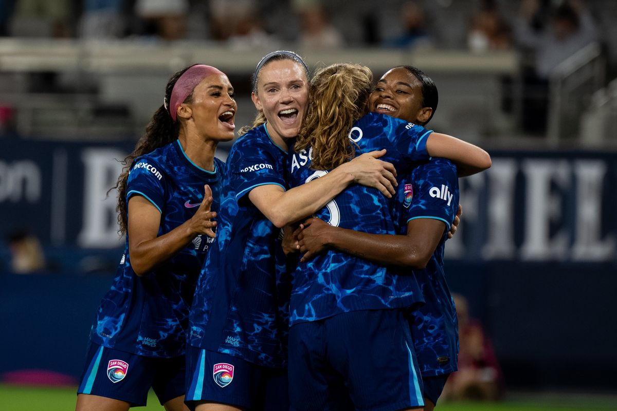 San Diego Wave FC forward Trinity Byars (right) celebrates a goal with her teammates during an NWSL soccer game against Racing Louisville FC, Friday, August 28, 2026 in San Diego, California. San Diego Wave FC forward Trinity Byars (right) celebrates a goal with her teammates during an NWSL soccer game against Racing Louisville FC, Friday, August 28, 2026 in San Diego, California.