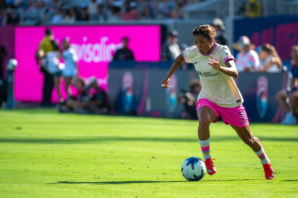 San Diego Wave FC midfielder Gia Corley dribbles the ball during an NWSL soccer game against NC Courage, Saturday, September 12, 2026 in San Diego, California.