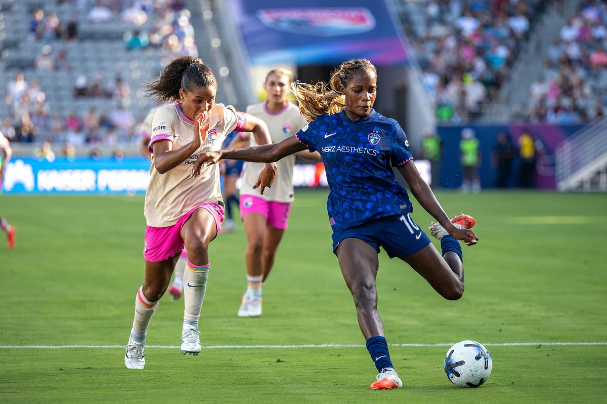 NC Courage forward Evelyn Ijeh shoots the ball during an NWSL soccer game against San Diego Wave FC, Saturday, September 12, 2026 in San Diego, California.