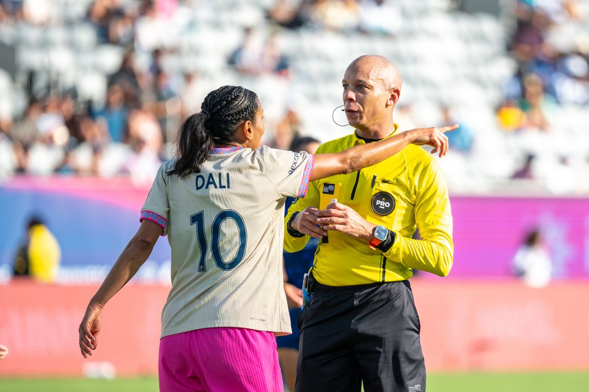 San Diego Wave FC midfielder Kenza Dali argues with the referee during an NWSL soccer game against NC Courage, Saturday, September 12, 2026 in San Diego, California.
