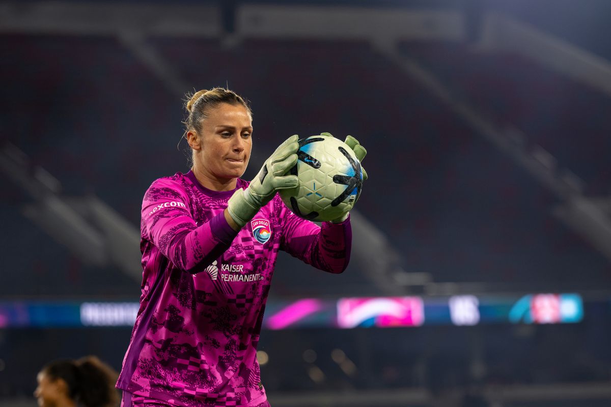 San Diego Wave FC goalkeeper Sandra Paños catches the ball in warmups during an NWSL soccer game against KC Current, Friday, September 18, 2026 in San Diego, California. San Diego Wave FC goalkeeper Sandra Paños catches the ball in warmups during an NWSL soccer game against KC Current, Friday, September 18, 2026 in San Diego, California.