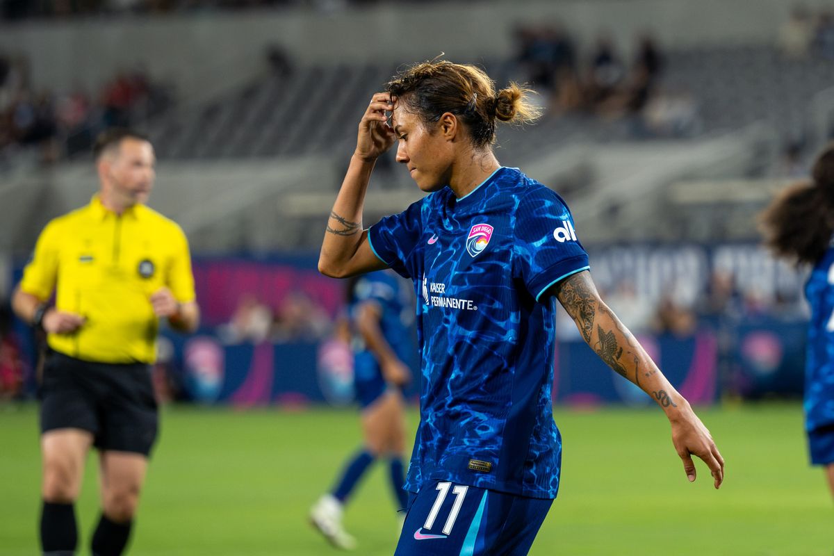 San Diego Wave FC midfielder Gia Corley disappointed after her wide shot during an NWSL soccer game against KC Current, Friday, September 18, 2026 in San Diego, California. San Diego Wave FC midfielder Gia Corley disappointed after her wide shot during an NWSL soccer game against KC Current, Friday, September 18, 2026 in San Diego, California.