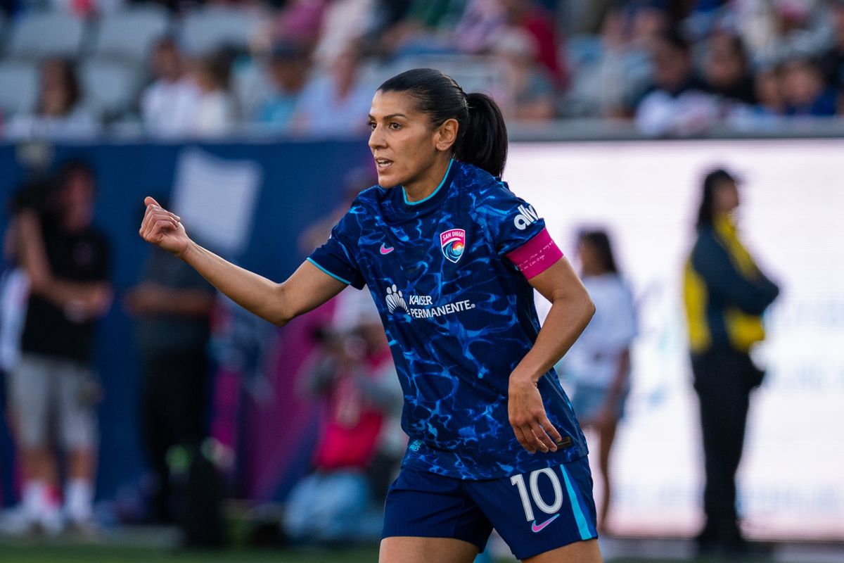 San Diego Wave FC midfielder Kenza Dali instructs her team during an NWSL soccer game against Boston Legacy, Sunday, October 25, 2026 in San Diego, California.