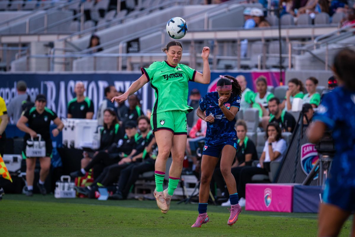San Diego Wave FC defender Mimi Van Zanten fights for the ball against Boston Legacy defender Lilly Reale during an NWSL soccer game, Sunday, October 25, 2026 in San Diego, California.