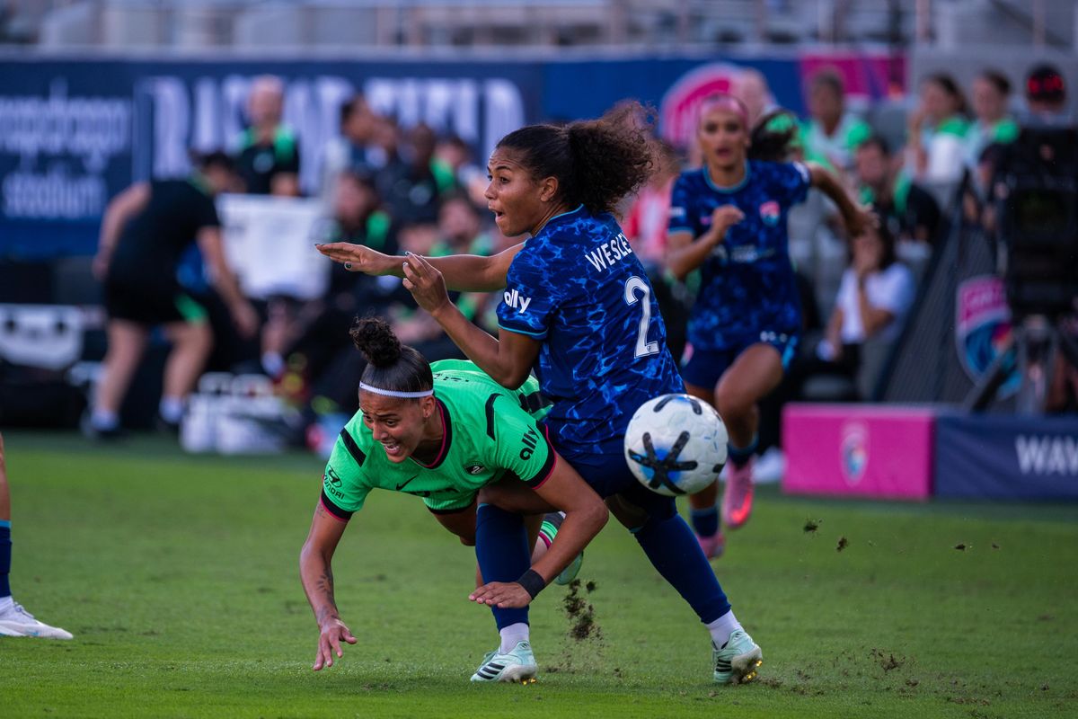 San Diego Wave FC defender Kennedy Wesley stops an attacker during an NWSL soccer game against Boston Legacy, Sunday, October 25, 2026 in San Diego, California.