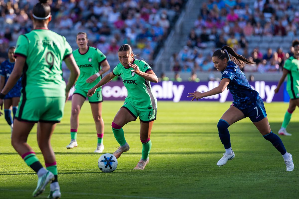 Boston Legacy midfielder Bárbara Olivieri dribbles forward during an NWSL soccer game against San Diego Wave FC, Sunday, October 25, 2026 in San Diego, California.