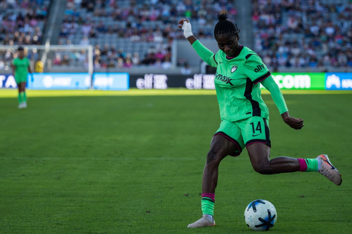Boston Legacy forward Aïssata Traoré takes a shot during an NWSL soccer game against San Diego Wave FC, Sunday, October 25, 2026 in San Diego, California.