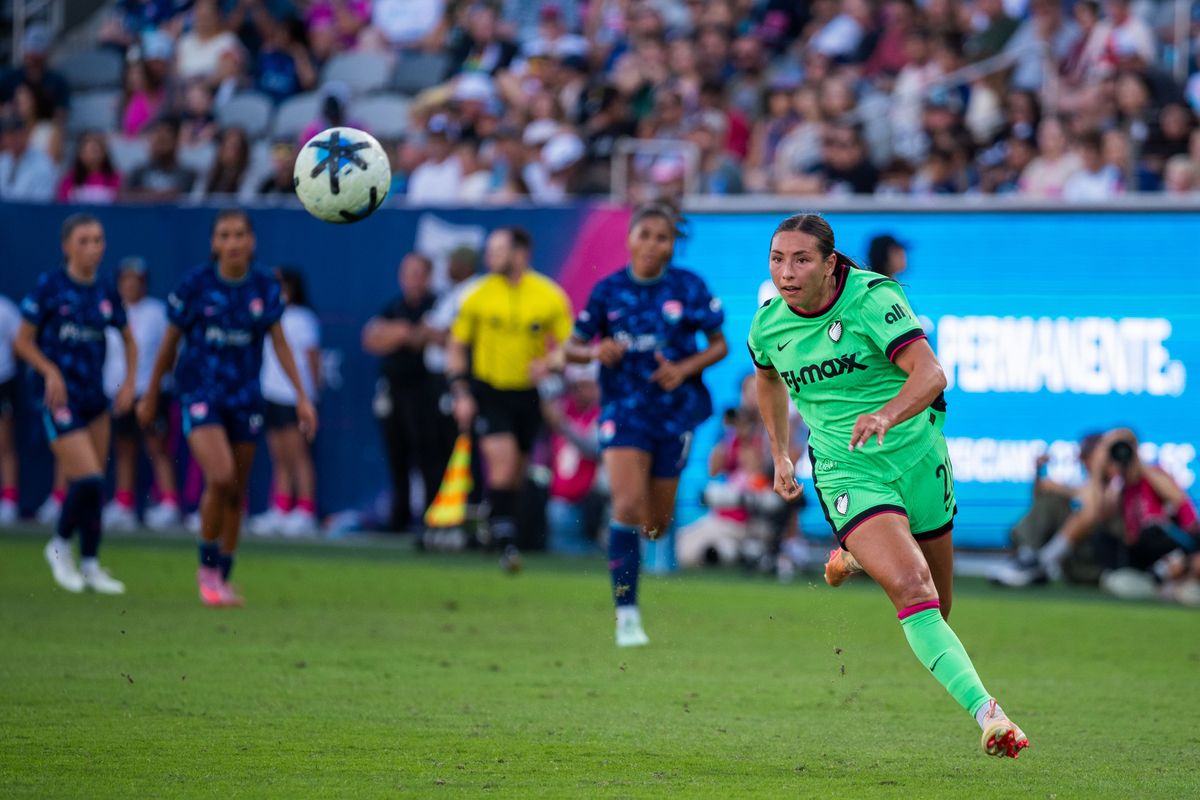 Boston Legacy midfielder Bárbara Olivieri looks for the ball during an NWSL soccer game against San Diego Wave FC, Sunday, October 25, 2026 in San Diego, California.