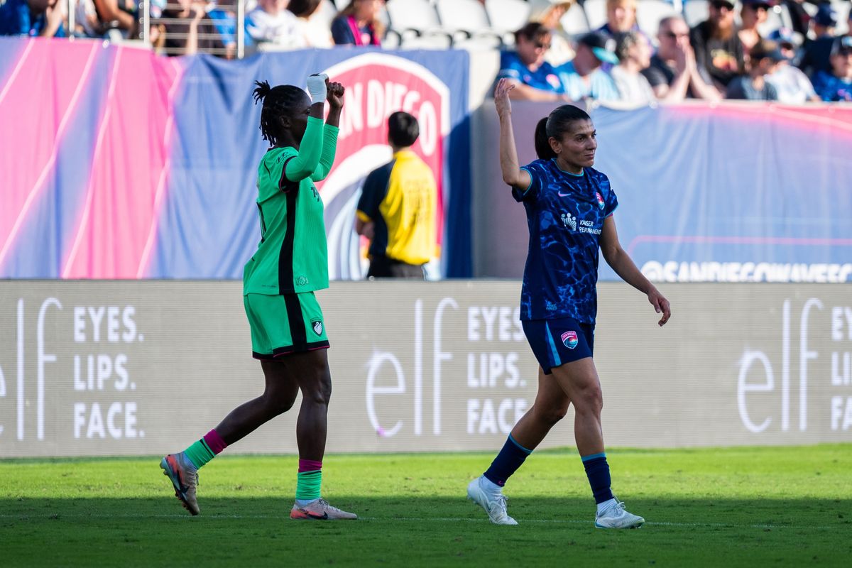 San Diego Wave FC midfielder Kenza Dali and Boston Legacy forward Aïssata Traoré have two different reactions of an offsides goal during an NWSL soccer game, Sunday, October 25, 2026 in San Diego, California.