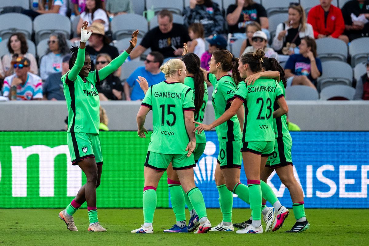 Boston Legacy celebrate their goal during an NWSL soccer game against San Diego Wave FC, Sunday, October 25, 2026 in San Diego, California.