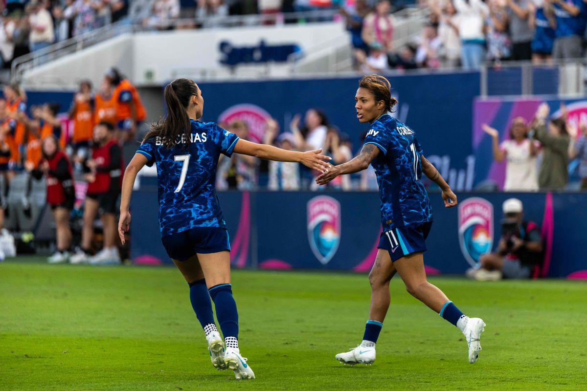San Diego Wave FC midfielder Gia Corley (11) celebrates her goal with teammate Melanie Barcenas (7) during an NWSL soccer game against Boston Legacy, Sunday, October 25, 2026 in San Diego, California.