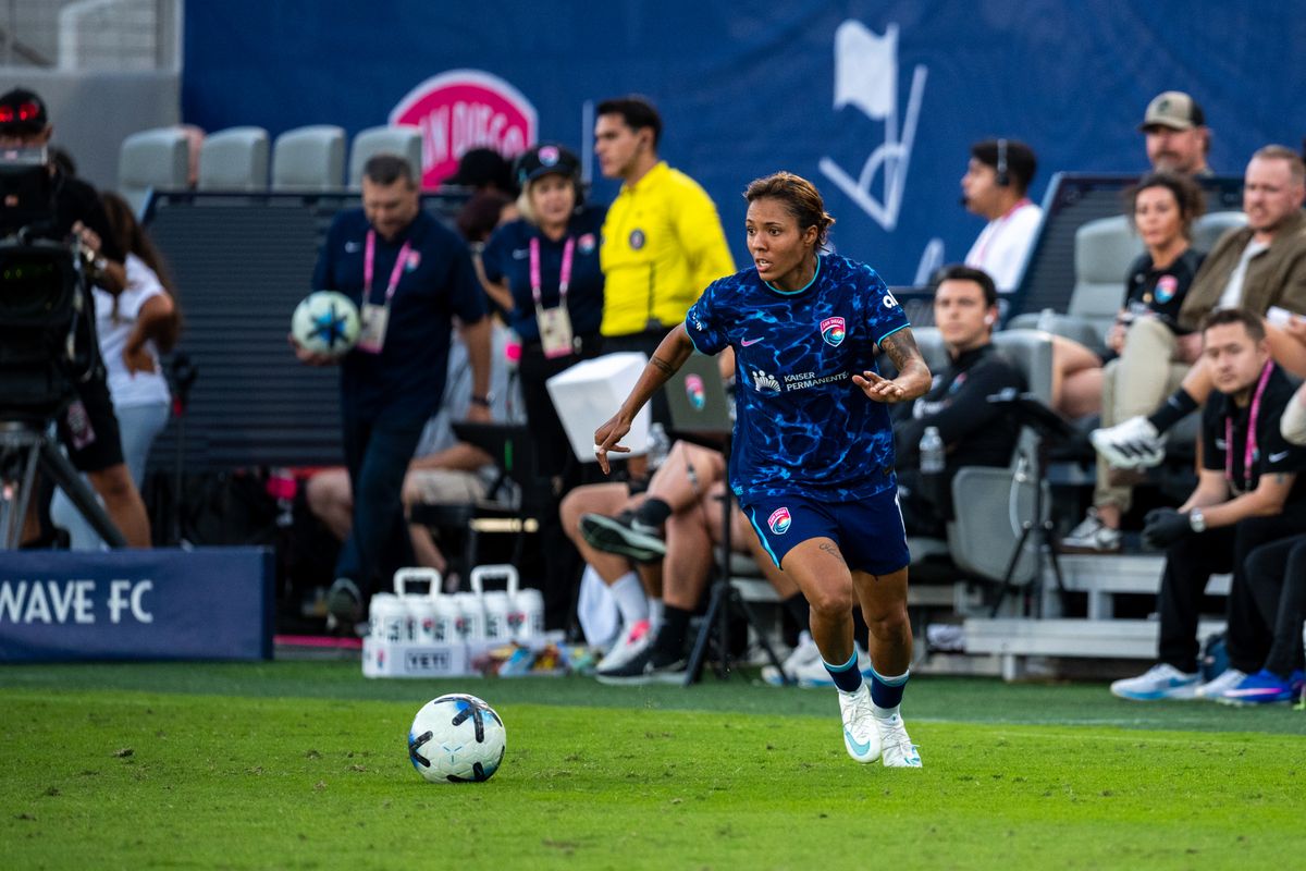 San Diego Wave FC midfielder Gia Corley dribbles the ball during an NWSL soccer game against Boston Legacy, Sunday, October 25, 2026 in San Diego, California.
