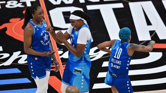 Ogwumike becomes all-time leading scorer in WNBA All-Star history as Team Spoon beats Team Coop taken at United Center (Los Angeles Sparks). Photo by Patrick Gorski-Imagn Images