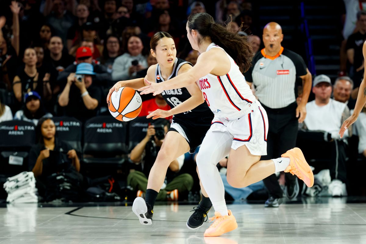 Las Vegas Aces guard Mai Yamamoto (18) steals the ball during a WNBA game against the Washington Mystics, Tuesday August 11, 2026 in at Michelob ULTRA Arena in Las Vegas, Nevada. Las Vegas Aces guard Mai Yamamoto (18) steals the ball during a WNBA game against the Washington Mystics, Tuesday August 11, 2026 in at Michelob ULTRA Arena in Las Vegas, Nevada.