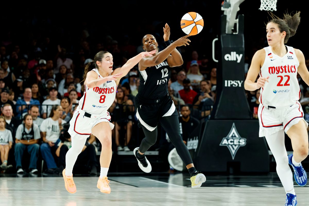 Las Vegas Aces guard Chelsea Gray (12) passes the ball across the court during a WNBA game against the Washington Mystics, Tuesday August 11, 2026 in at Michelob ULTRA Arena in Las Vegas, Nevada. Las Vegas Aces guard Chelsea Gray (12) passes the ball across the court during a WNBA game against the Washington Mystics, Tuesday August 11, 2026 in at Michelob ULTRA Arena in Las Vegas, Nevada.