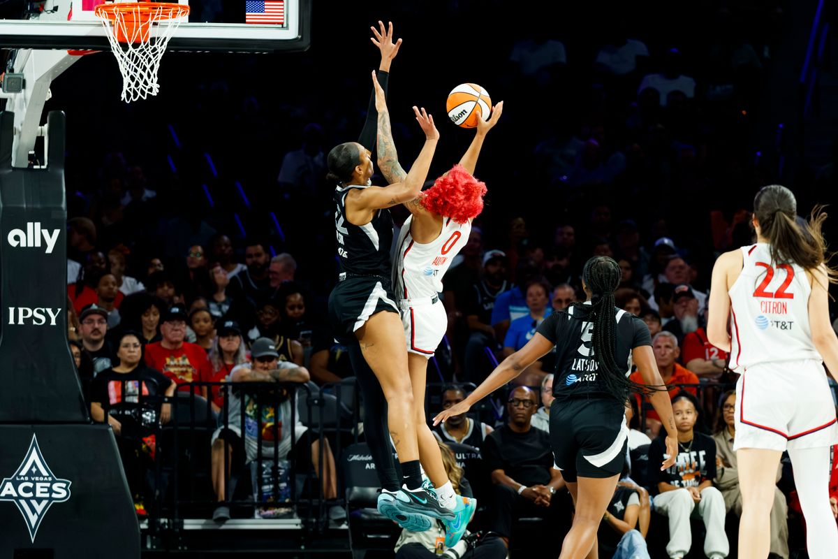 Las Vegas Aces center A’ja Wilson (22) blocks a shot during a WNBA game against the Washington Mystics, Tuesday August 11, 2026 in at Michelob ULTRA Arena in Las Vegas, Nevada. Las Vegas Aces center A’ja Wilson (22) blocks a shot during a WNBA game against the Washington Mystics, Tuesday August 11, 2026 in at Michelob ULTRA Arena in Las Vegas, Nevada.