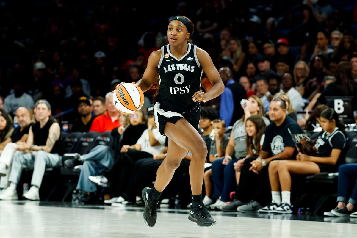 Las Vegas Aces guard Jackie Young (0) dribbles the ball down court during a WNBA game against the Washington Mystics, Tuesday August 11, 2026 in at Michelob ULTRA Arena in Las Vegas, Nevada. Las Vegas Aces guard Jackie Young (0) dribbles the ball down court during a WNBA game against the Washington Mystics, Tuesday August 11, 2026 in at Michelob ULTRA Arena in Las Vegas, Nevada.