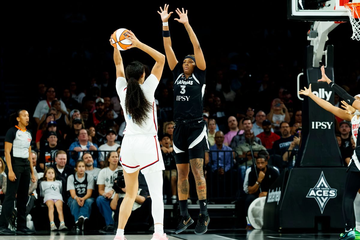 Las Vegas Aces forward NaLyssa Smith (3) blocks a shot during a WNBA game against the Washington Mystics, Tuesday August 11, 2026 in at Michelob ULTRA Arena in Las Vegas, Nevada. Las Vegas Aces forward NaLyssa Smith (3) blocks a shot during a WNBA game against the Washington Mystics, Tuesday August 11, 2026 in at Michelob ULTRA Arena in Las Vegas, Nevada.
