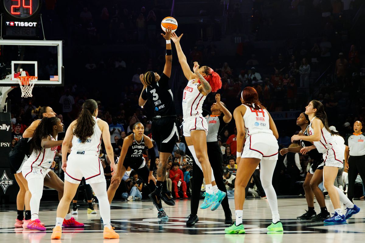Las Vegas Aces forward NaLyssa Smith (3) wins the tip-off during a WNBA game against the Washington Mystics, Tuesday August 11, 2026 in at Michelob ULTRA Arena in Las Vegas, Nevada. Las Vegas Aces forward NaLyssa Smith (3) wins the tip-off during a WNBA game against the Washington Mystics, Tuesday August 11, 2026 in at Michelob ULTRA Arena in Las Vegas, Nevada.