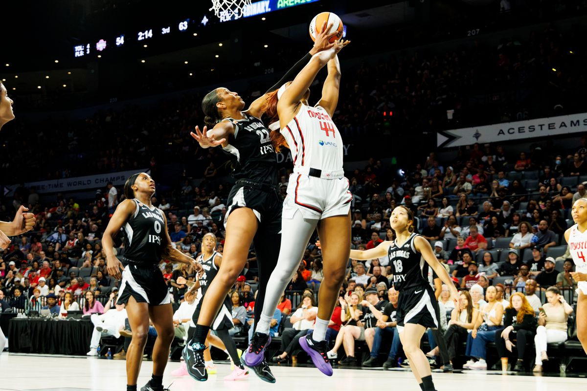 Las Vegas Aces center A’ja Wilson (22) blocks a shot during a WNBA game against the Washington Mystics, Tuesday August 11, 2026 in at Michelob ULTRA Arena in Las Vegas, Nevada. Las Vegas Aces center A’ja Wilson (22) blocks a shot during a WNBA game against the Washington Mystics, Tuesday August 11, 2026 in at Michelob ULTRA Arena in Las Vegas, Nevada.
