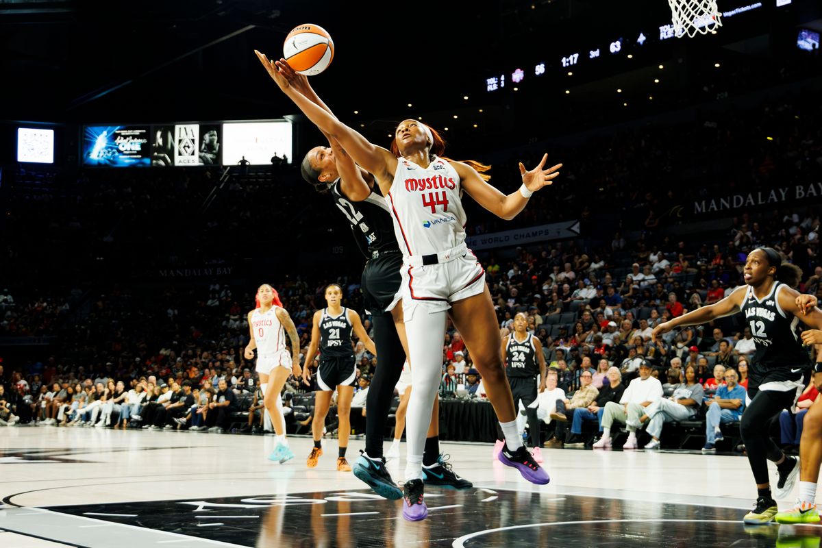 Las Vegas Aces guard Chelsea Gray (12) blocks a shot during a WNBA game against the Washington Mystics, Tuesday August 11, 2026 in at Michelob ULTRA Arena in Las Vegas, Nevada. Las Vegas Aces guard Chelsea Gray (12) blocks a shot during a WNBA game against the Washington Mystics, Tuesday August 11, 2026 in at Michelob ULTRA Arena in Las Vegas, Nevada.