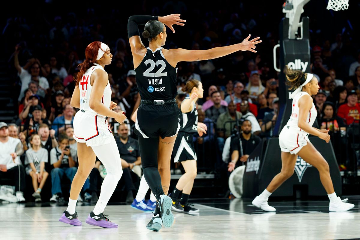 Las Vegas Aces center A’ja Wilson (22) celebrates a made three point shot during a WNBA game against the Washington Mystics, Tuesday August 11, 2026 in at Michelob ULTRA Arena in Las Vegas, Nevada. Las Vegas Aces center A’ja Wilson (22) celebrates a made three point shot during a WNBA game against the Washington Mystics, Tuesday August 11, 2026 in at Michelob ULTRA Arena in Las Vegas, Nevada.
