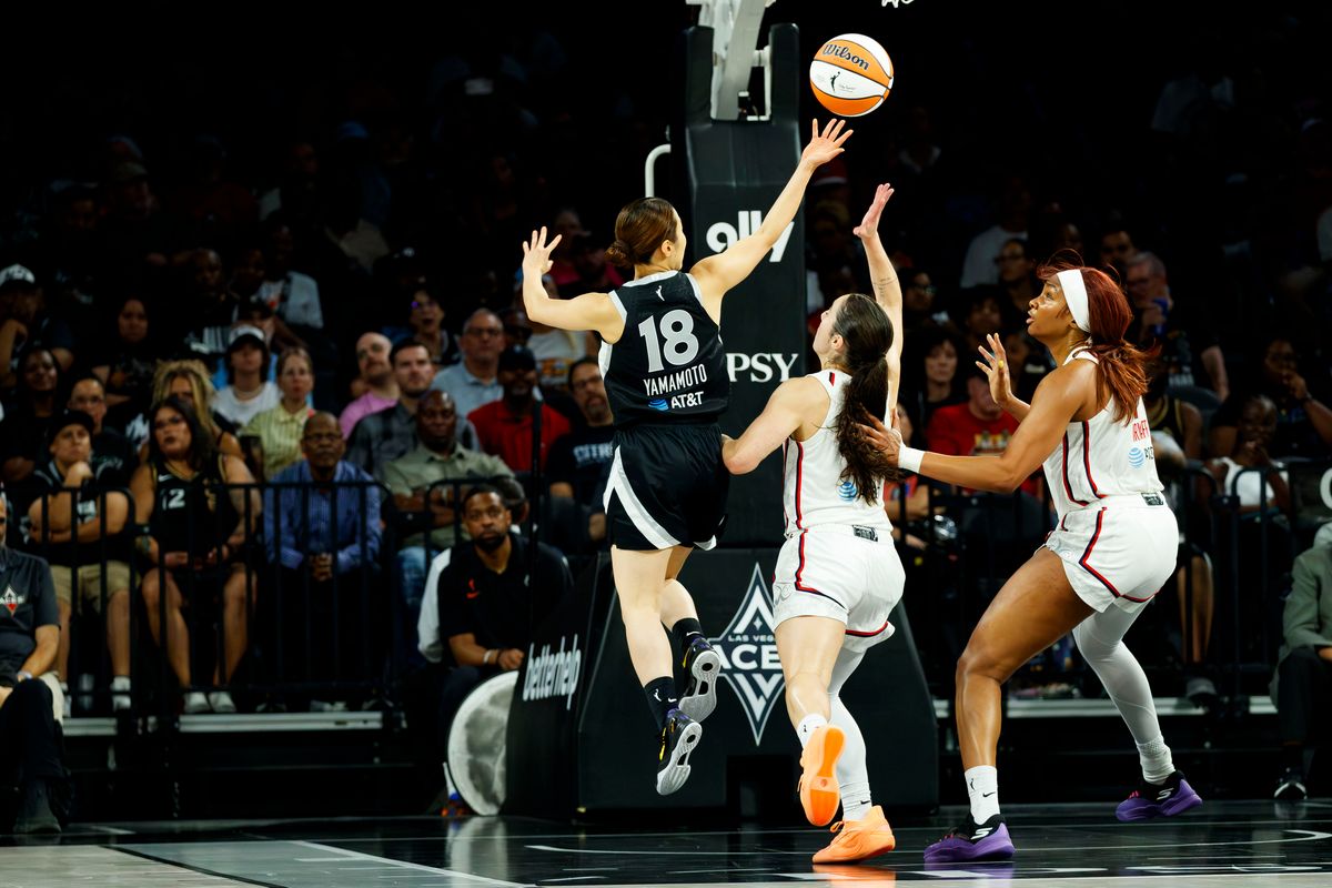 Las Vegas Aces guard Mai Yamamoto (18) passes the ball during a WNBA game against the Washington Mystics, Tuesday August 11, 2026 in at Michelob ULTRA Arena in Las Vegas, Nevada. Las Vegas Aces guard Mai Yamamoto (18) passes the ball during a WNBA game against the Washington Mystics, Tuesday August 11, 2026 in at Michelob ULTRA Arena in Las Vegas, Nevada.