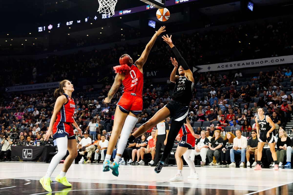 Las Vegas Aces center A’ja Wilson (22) shoots the ball in the paint during a WNBA game against the Washington Mystics on Tuesday, August 13, 2026, at Michelob ULTRA Arena in Las Vegas, Nevada. Las Vegas Aces center A’ja Wilson (22) shoots the ball in the paint during a WNBA game against the Washington Mystics on Tuesday, August 13, 2026, at Michelob ULTRA Arena in Las Vegas, Nevada.