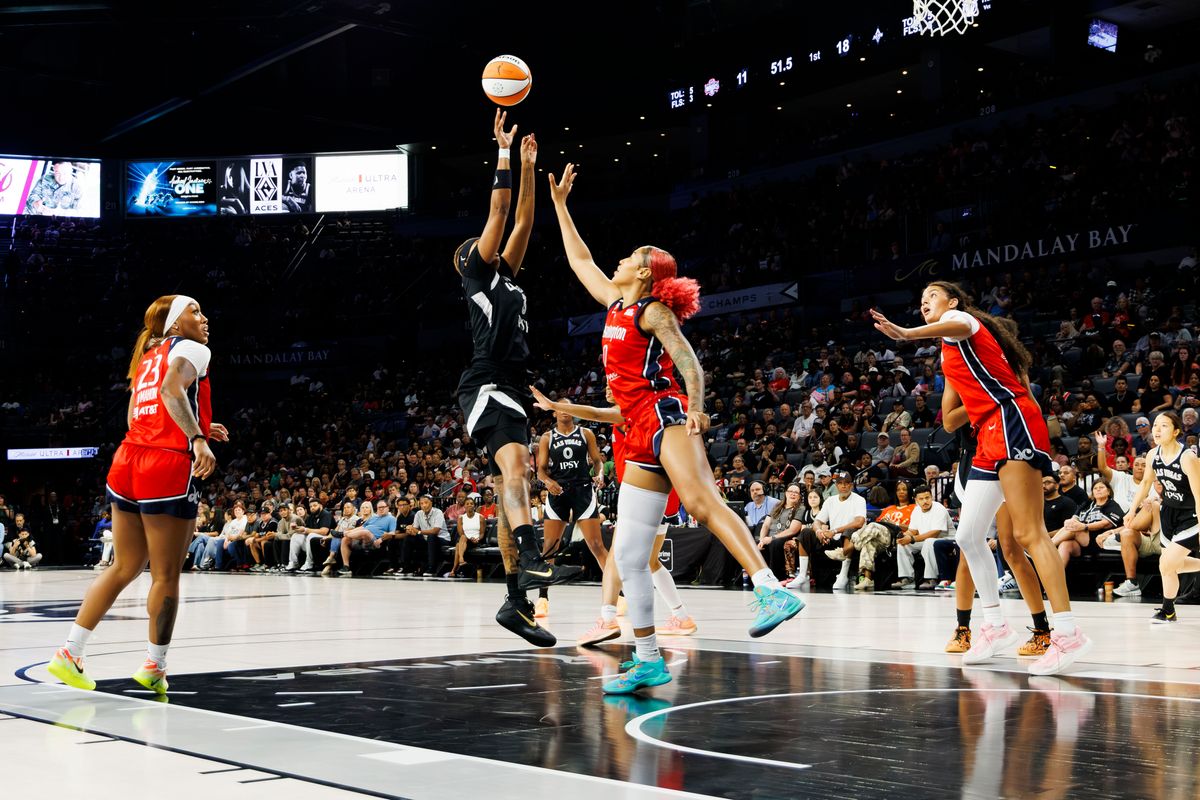 Las Vegas Aces forward NaLyssa Smith (3) shoots the ball in the paint during a WNBA game against the Washington Mystics on Tuesday, August 13, 2026, at Michelob ULTRA Arena in Las Vegas, Nevada. Las Vegas Aces forward NaLyssa Smith (3) shoots the ball in the paint during a WNBA game against the Washington Mystics on Tuesday, August 13, 2026, at Michelob ULTRA Arena in Las Vegas, Nevada.
