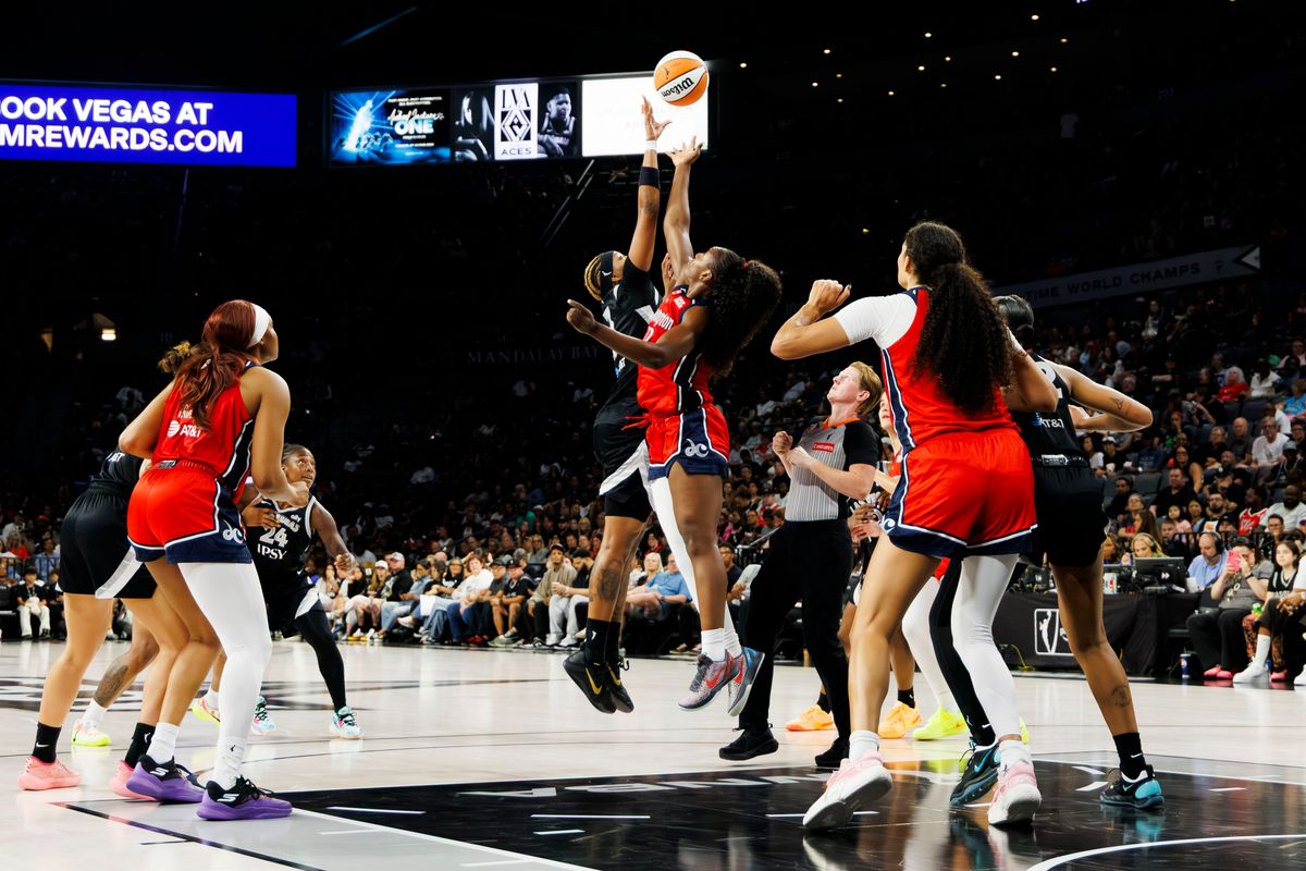 Las Vegas Aces forward NaLyssa Smith (3) wins the jump ball during a WNBA game against the Washington Mystics on Tuesday, August 13, 2026, at Michelob ULTRA Arena in Las Vegas, Nevada. Las Vegas Aces forward NaLyssa Smith (3) wins the jump ball during a WNBA game against the Washington Mystics on Tuesday, August 13, 2026, at Michelob ULTRA Arena in Las Vegas, Nevada.