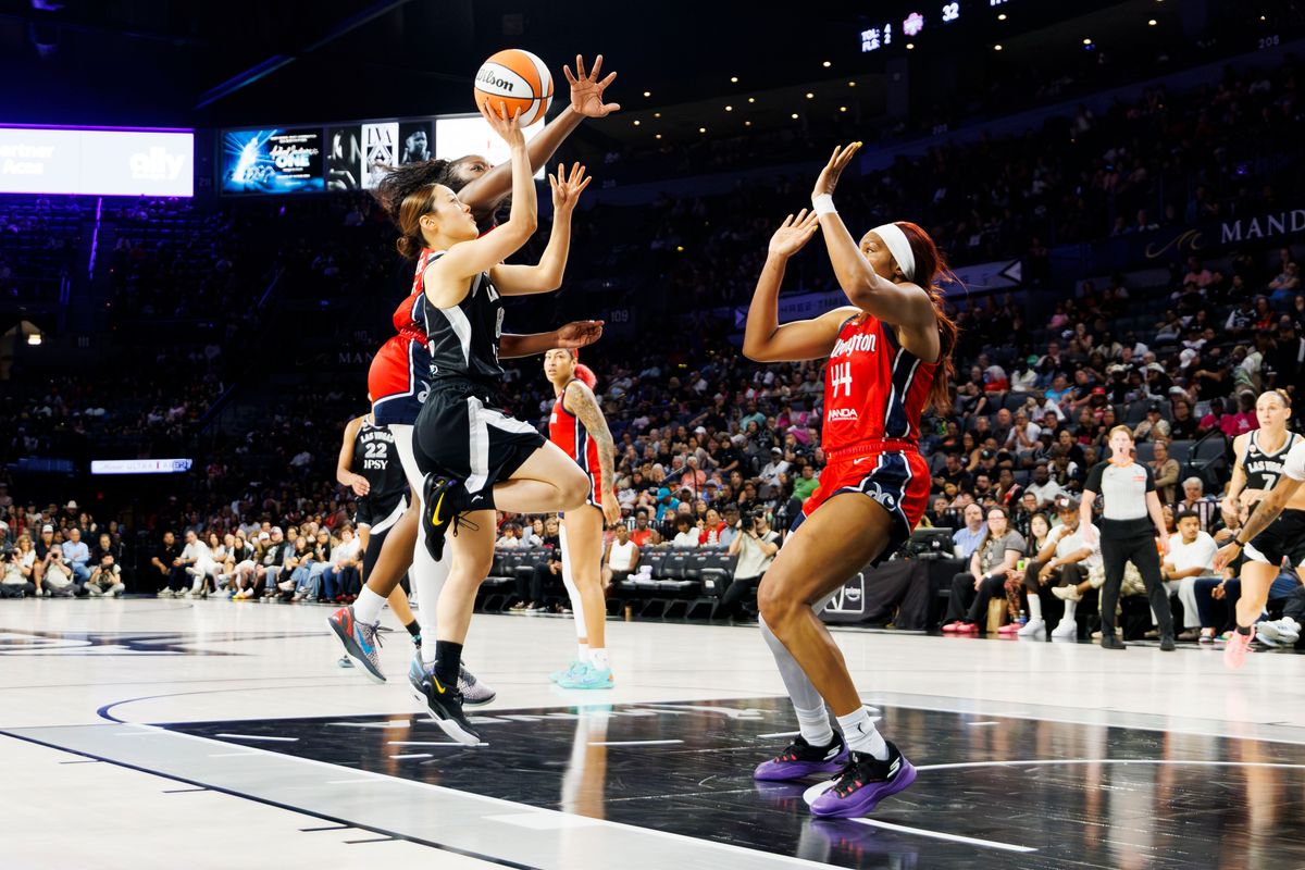 Las Vegas Aces guard Mai Yamamoto (18) makes a layup during a WNBA game against the Washington Mystics on Tuesday, August 13, 2026, at Michelob ULTRA Arena in Las Vegas, Nevada. Las Vegas Aces guard Mai Yamamoto (18) makes a layup during a WNBA game against the Washington Mystics on Tuesday, August 13, 2026, at Michelob ULTRA Arena in Las Vegas, Nevada.