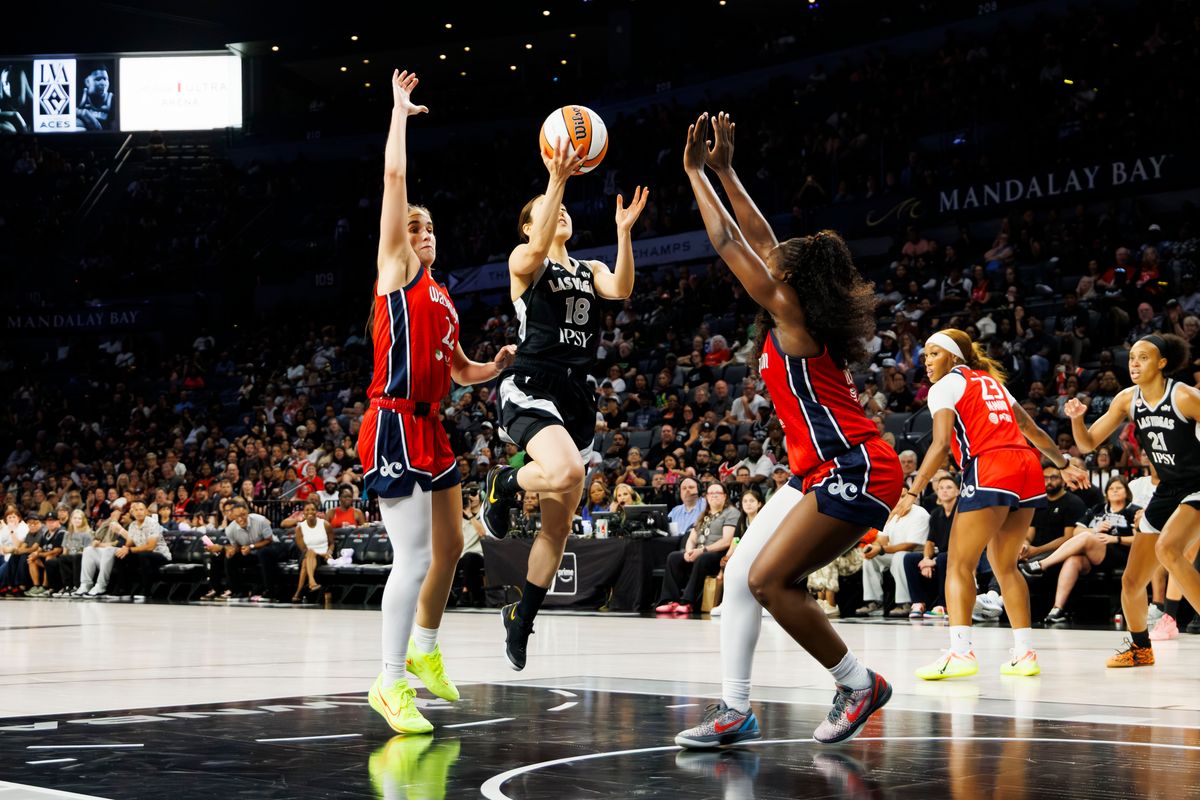 Las Vegas Aces guard Mai Yamamoto (18) goes for a layup during a WNBA game against the Washington Mystics on Tuesday, August 13, 2026, at Michelob ULTRA Arena in Las Vegas, Nevada. Las Vegas Aces guard Mai Yamamoto (18) goes for a layup during a WNBA game against the Washington Mystics on Tuesday, August 13, 2026, at Michelob ULTRA Arena in Las Vegas, Nevada.