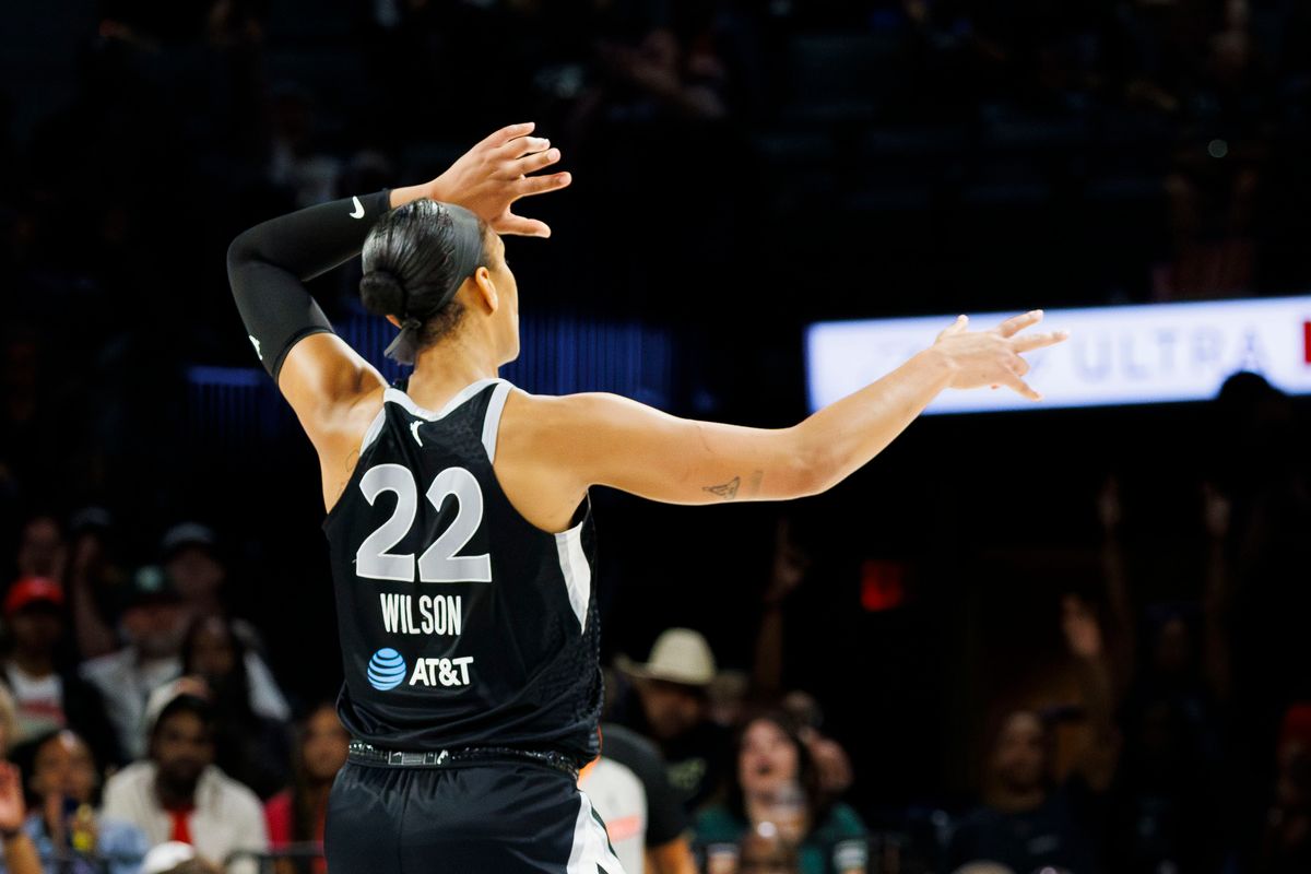 Las Vegas Aces center A’ja Wilson (22) celebrates a made three point shot during a WNBA game against the Washington Mystics on Tuesday, August 13, 2026, at Michelob ULTRA Arena in Las Vegas, Nevada. Las Vegas Aces center A’ja Wilson (22) celebrates a made three point shot during a WNBA game against the Washington Mystics on Tuesday, August 13, 2026, at Michelob ULTRA Arena in Las Vegas, Nevada.
