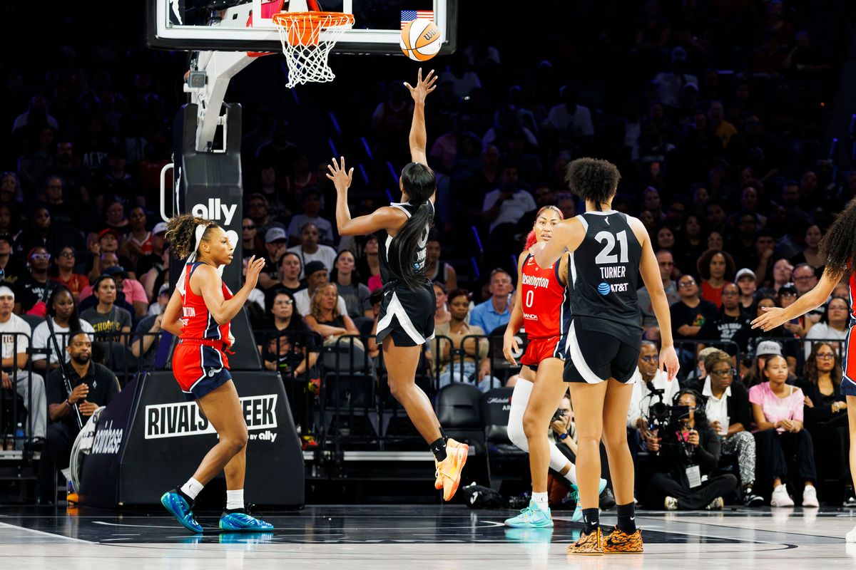 Las Vegas Aces guard Jackie Young (0) makes a layup during a WNBA game against the Washington Mystics on Tuesday, August 13, 2026, at Michelob ULTRA Arena in Las Vegas, Nevada. Las Vegas Aces guard Jackie Young (0) makes a layup during a WNBA game against the Washington Mystics on Tuesday, August 13, 2026, at Michelob ULTRA Arena in Las Vegas, Nevada.