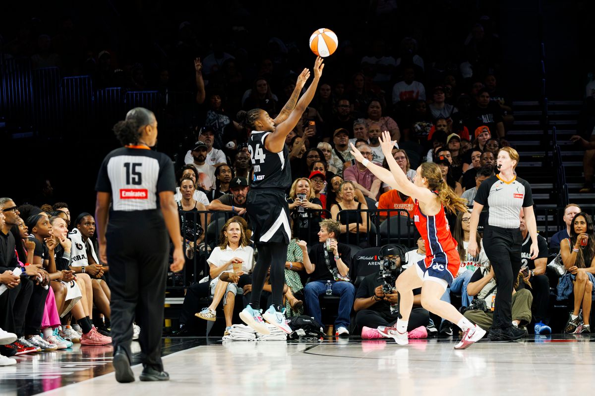 Las Vegas Aces guard Jewell Loyd (24) shoots a corner three point shot during a WNBA game against the Washington Mystics on Tuesday, August 13, 2026, at Michelob ULTRA Arena in Las Vegas, Nevada. Las Vegas Aces guard Jewell Loyd (24) shoots a corner three point shot during a WNBA game against the Washington Mystics on Tuesday, August 13, 2026, at Michelob ULTRA Arena in Las Vegas, Nevada.